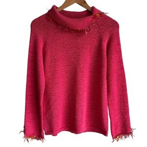 Susan Bristol Funky Pink Sweater Sz M Knit Turtleneck Orange Fringe Artsy EUC